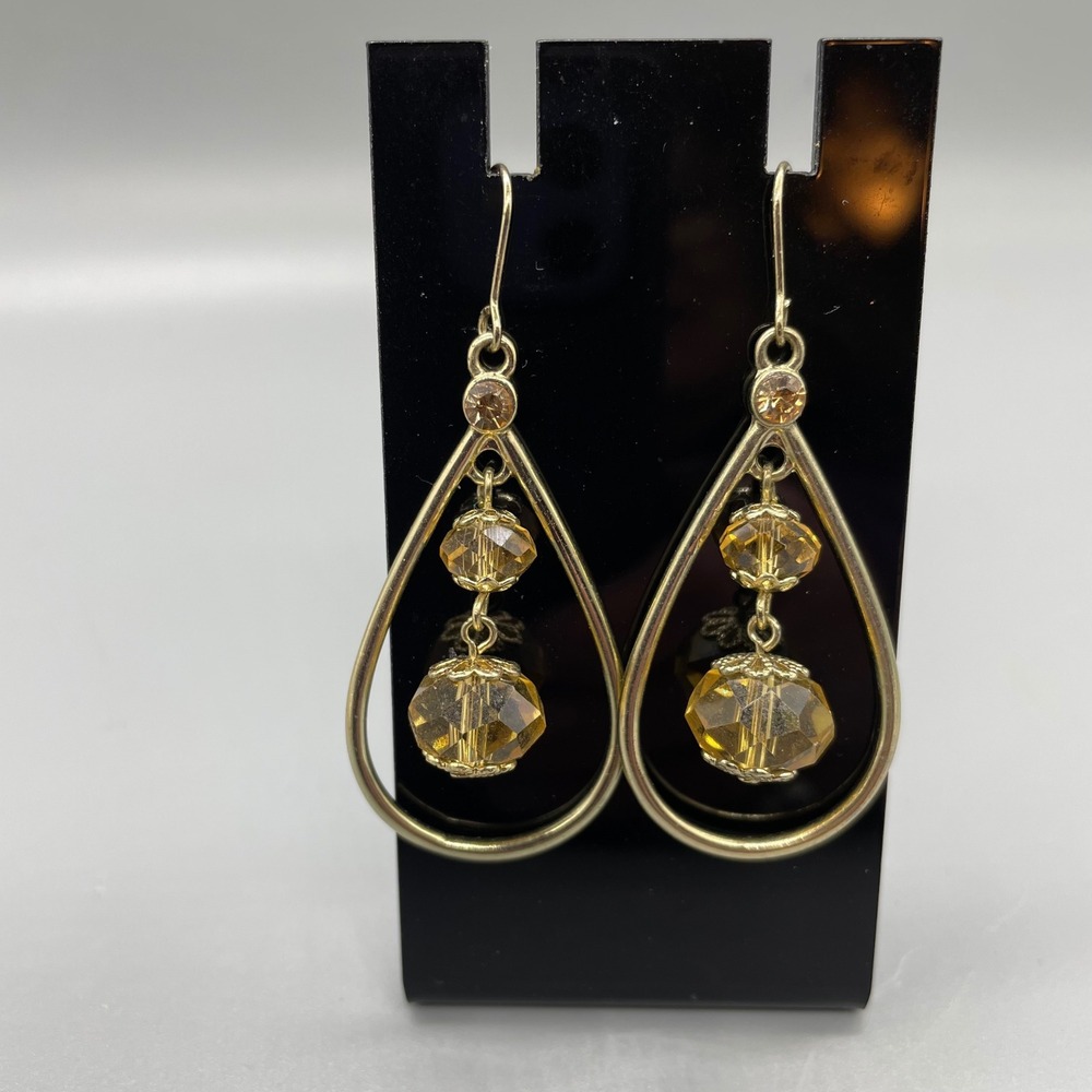 Gold Tone Amber Glass‎ Bead Teardrop Dangle Earrings Boho Fishhook Drop